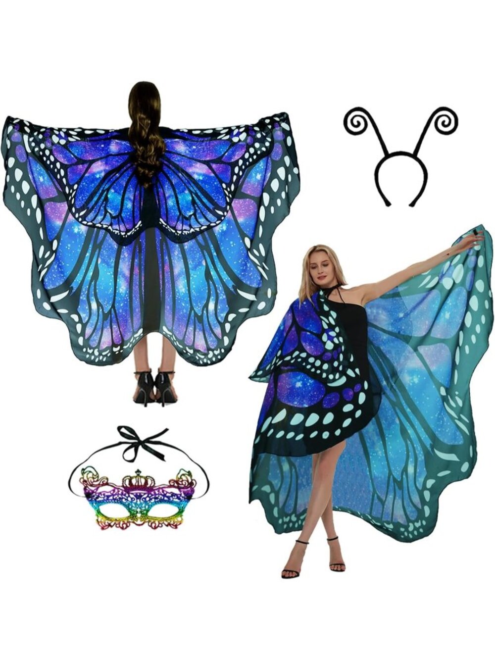 Women's Adult Butterfly Costume Monarch Butterfly Wing Cape 3Pcs Mask Halloween5